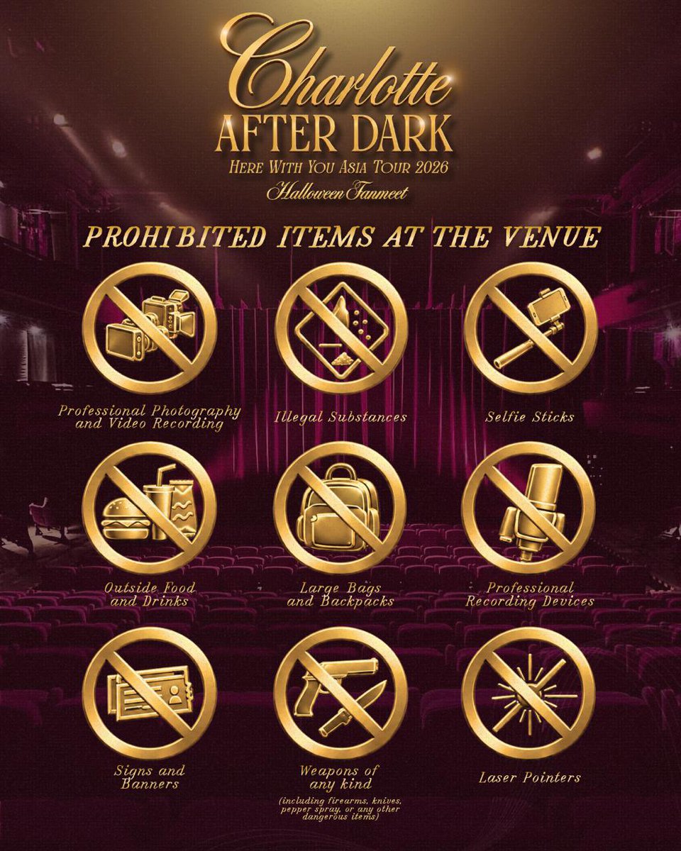 Elysian_EP's tweet photo. 🎃 RIGHT MANILA… A LITTLE HOUSEKEEPING! 👀

Before we get carried away with all the Halloween excitement, we’ve got a few venue rules to share!

Please take a moment to check the prohibited items below. 👇

We want everyone to have an amazing time with Charlotte, so let’s make things as smooth and easy as possible on the day! ❤️

See you on October 31st! 🎃

#CharlotteAfterDark #CharlotteAustin #CharlotteAustinManila 
@itscharlotty @MGIBeyond @thentjprod