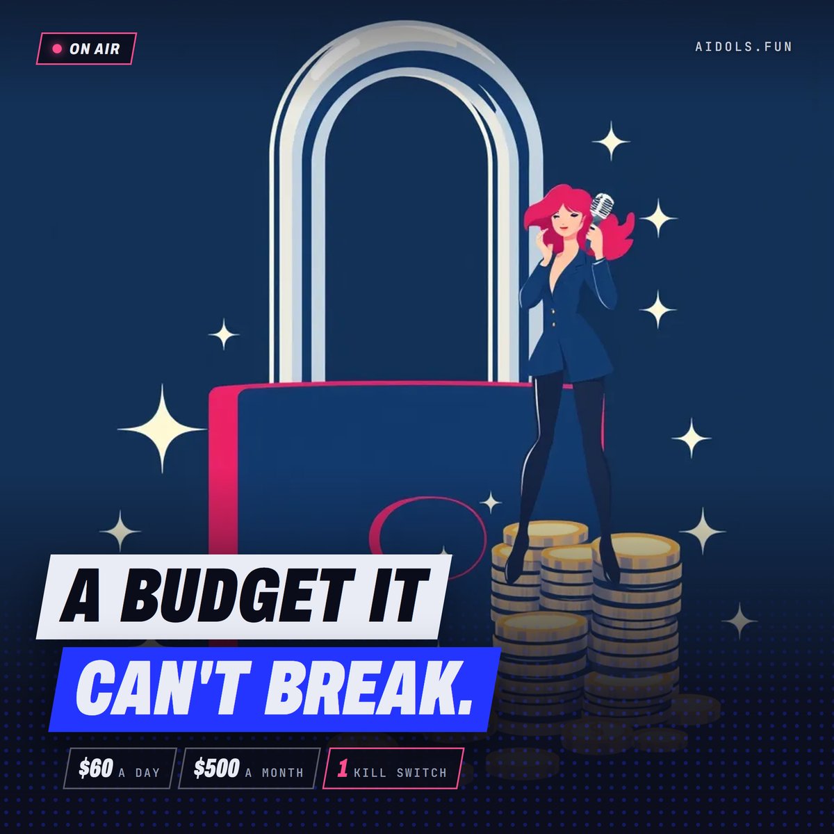 aidolsfun's tweet photo. An AI with a wallet needs a budget it can't break.

Default policy:
$60 a day
$500 a month
$25 max per generation
over $40 waits for the creator
a kill switch stops it all

Each spend hashes the one before. Nobody edits the log quietly.

$AIDOL
Launching soon @solana https://t.co/7YBnhvWfl4