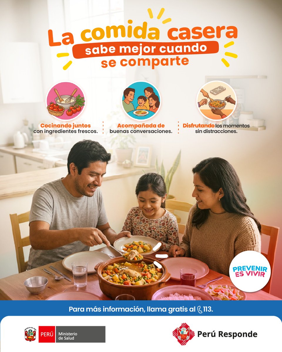 Minsa_Peru's tweet photo. 🥗 🍽️ Los hábitos saludables también se construyen juntos.
Compartir las comidas caseras, comer con calma y sin pantallas, y participar juntos en su preparación son prácticas que ayudan a disfrutar de una alimentación saludable en el día a día. 

#AlimentaciónSaludable https://t.co/INmMG4ouNx