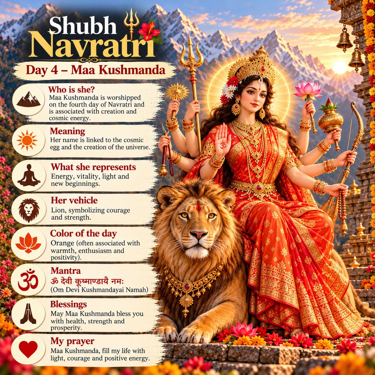 Ashi_backup's tweet photo. Day 4 is dedicated to Maa Kushmanda.

She represents happiness, energy and positivity.

Maa mujhe bhi har situation mein positive rehne ki shakti dena aur meri zindagi ko khushiyo aur achhi sehat se bhar dena.

Jai Mata Di #Navratri https://t.co/E2jX3ysp8I
