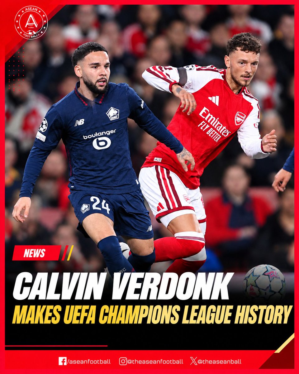 theaseanball's tweet photo. 🇮🇩🏆 HISTORY MADE! CALVIN VERDONK BECOMES FIRST INDONESIAN TO PLAY IN THE UEFA CHAMPIONS LEAGUE!

Lille defender Calvin Verdonk made history after coming off the bench in the 77th minute against Arsenal at the Emirates Stadium. https://t.co/l8801BnPr9