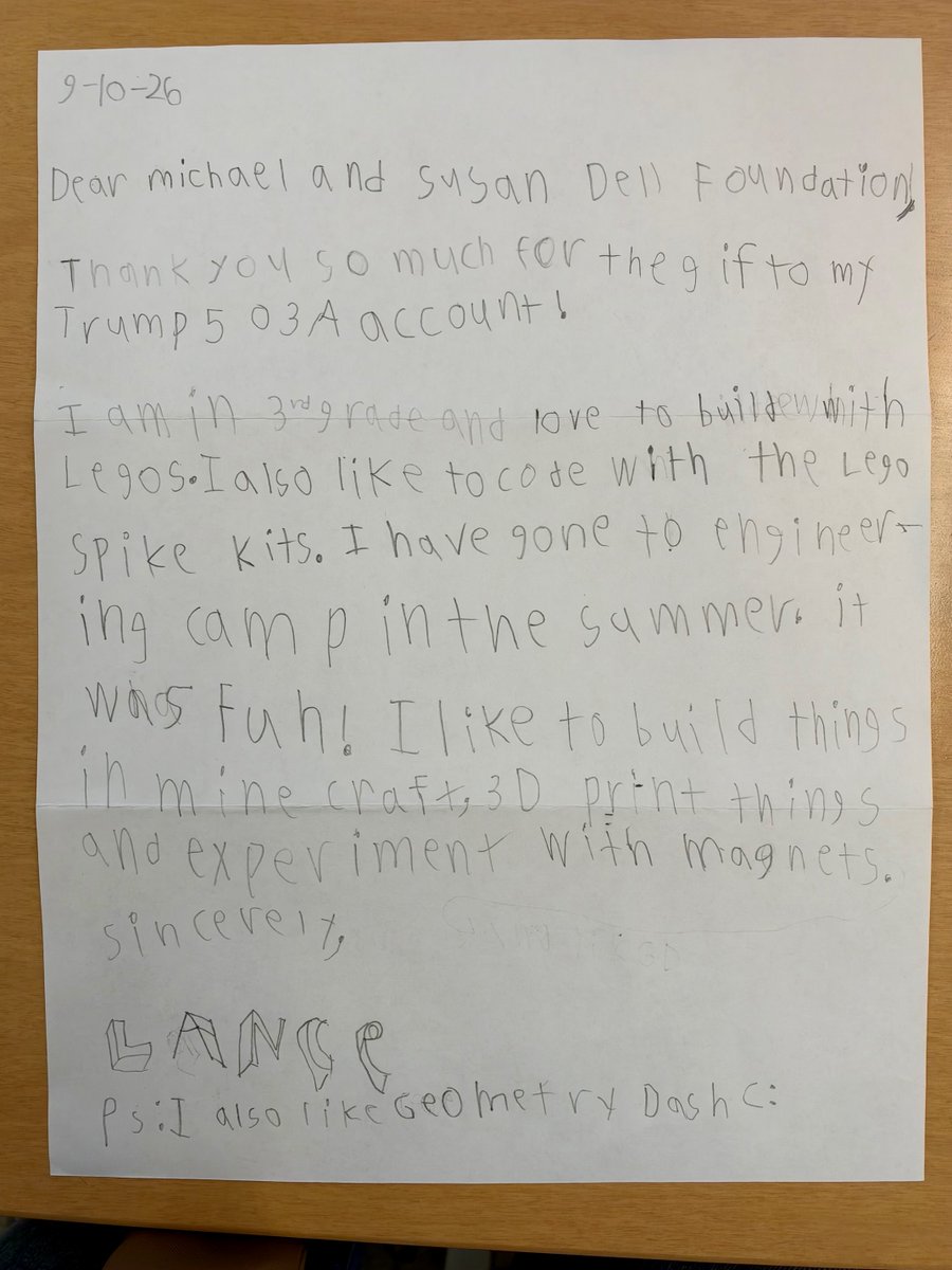 MichaelDell's tweet photo. This letter from Lance, a 3rd grader, made our day. 🥰

He loves LEGOs, coding, 3D printing, engineering camp, and experimenting with magnets.

Lance, we’re the ones thanking you.

We invested in your future. You’re already building it! 🚀🇺🇸 https://t.co/O6Mp67KpeU