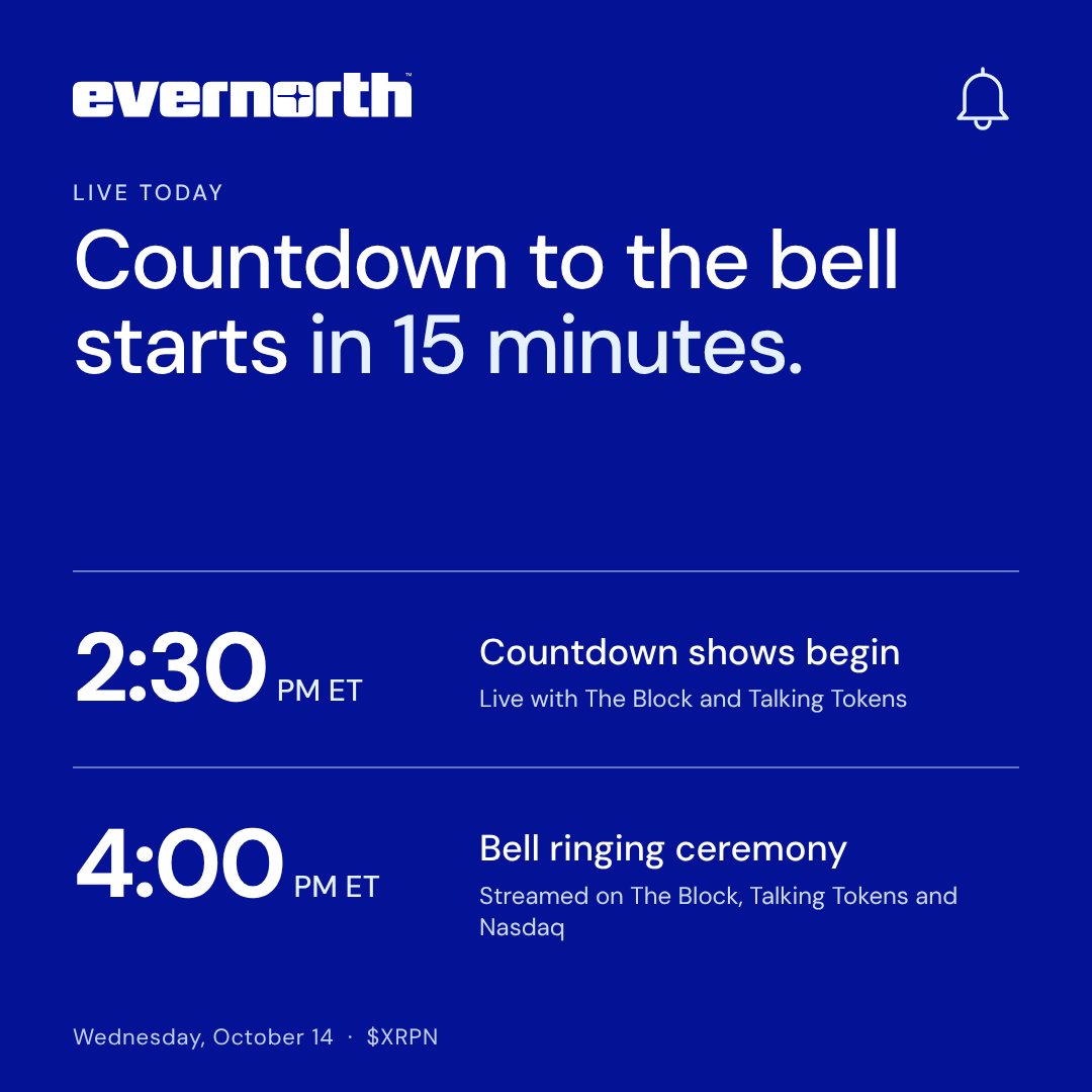 evernorthxrp's tweet photo. 🔔 T-15 minutes until the @Nasdaq closing bell countdown shows, live from our Nasdaq event!

Tune in at 2:30 p.m. ET to help us celebrate the listing of $XRPN and watch live interviews you won’t want to miss.

Watch here:
The Block: @TheBlockCo
Talking Tokens: @_TalkingTokens
Nasdaq: https://t.co/PMnfEJMELu