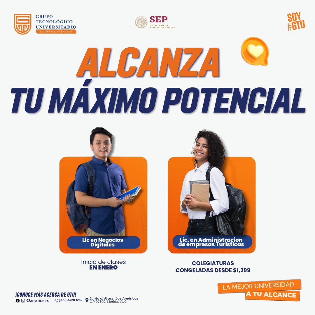 ElMundodeMarcas's tweet photo. Alcanza tu máximo potencial: estudia la Lic. en Negocios Digitales o la Lic. en Administración de Empresas Turísticas en GTU Campus Mérida. Inicio de clases en enero y colegiaturas congeladas desde $1,399. Informes: (999) 3428 1252. #GTU https://t.co/vlG58kFJ8y