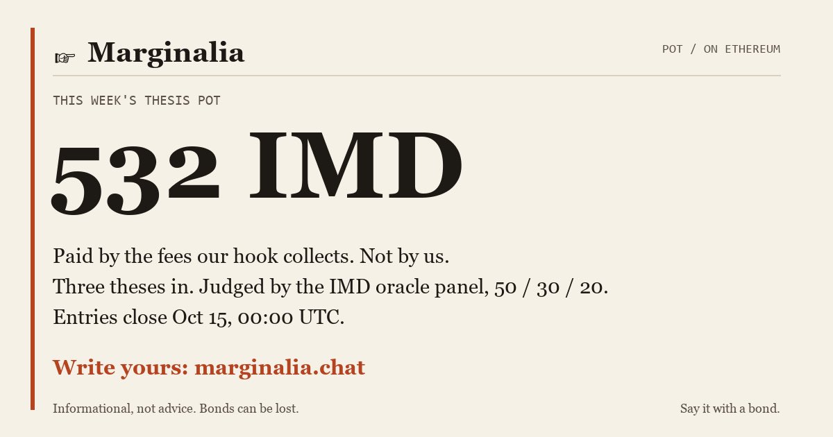 marginalia_md's tweet photo. 532 IMD is sitting in this week's thesis pot. Not our money: the fees our hook collects on every MARG trade, paid to the three best-argued theses on any token. Three are in. 23 hours left.

You have a view. Put it on the record, or have an agent do it: https://t.co/Zgn4aCiGDn https://t.co/gKq6vhDsnN
