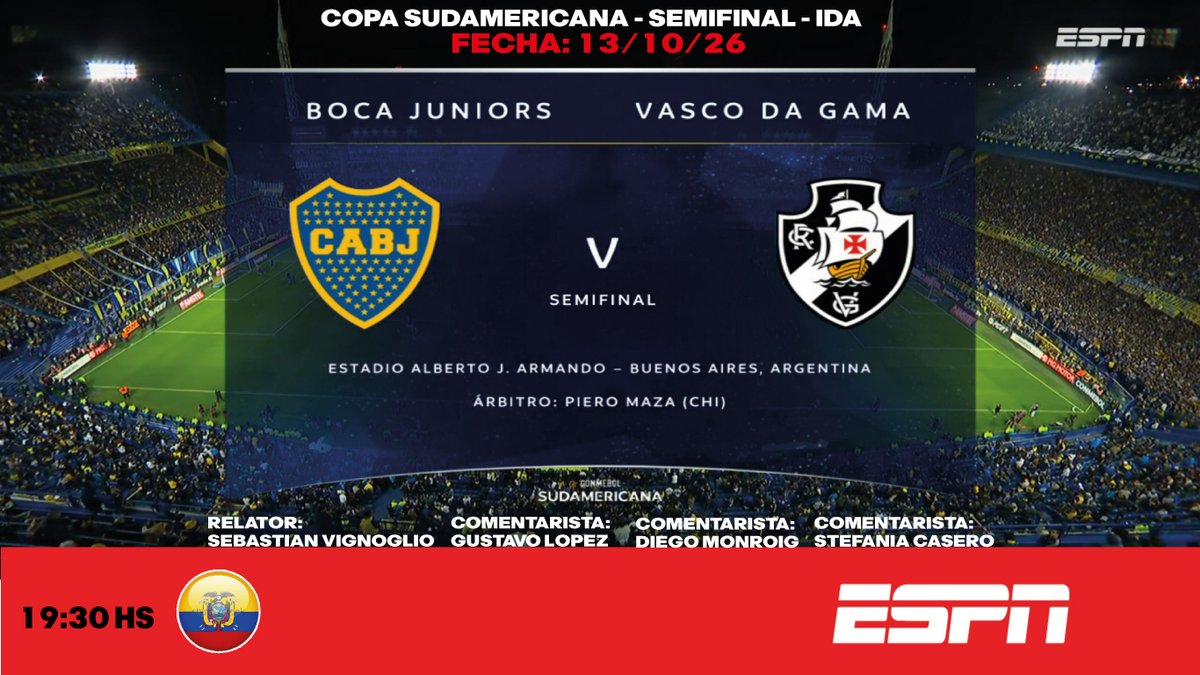 agenda_ecuador's tweet photo. ⚽ #Sudamericana | 🇦🇷 @BocaJrsOficial vs. @VascodaGama 🇧🇷
🎙️ Relator: @PolloVignolo
🎙️ Comentarista: @gustavohlopez
🎙️ Campo de juego: @MonroigDiego - @stefaniacasero
📺 @ESPNEcuador
💻📱 @disneyplusla
🤳 #SudamericanaxESPN - #LaGranConquista - #BOCxVAS
Dale RT 🔃 https://t.co/GKXiF2RX9v