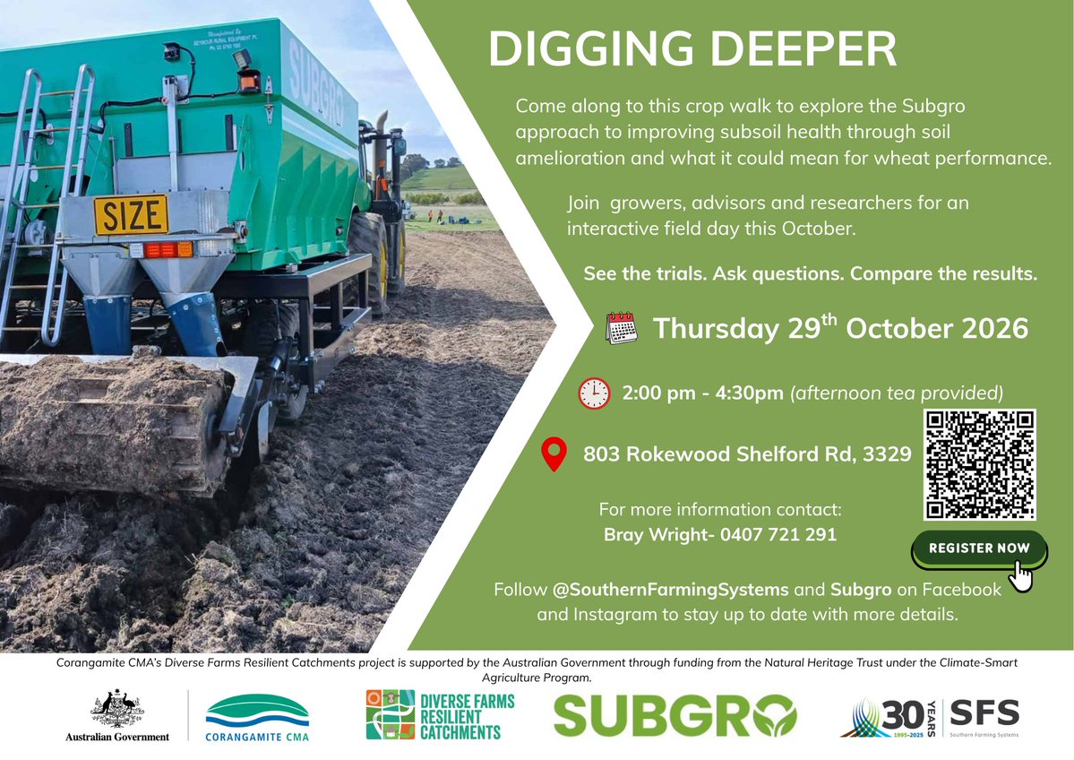 SouthernFS's tweet photo. See the trials. Ask questions. Compare the results.
Get practical insights into improving subsoil health and learn how soil amelioration could boost crop performance.
📅 Thursday 29 October 
📍Rokewood  ☕ Afternoon tea provided 🔗https://t.co/yxJPfVU0Bs

@ehilsdon  #FarmInnovation #AgResearch #naturalheritagetrust @landcarekaren