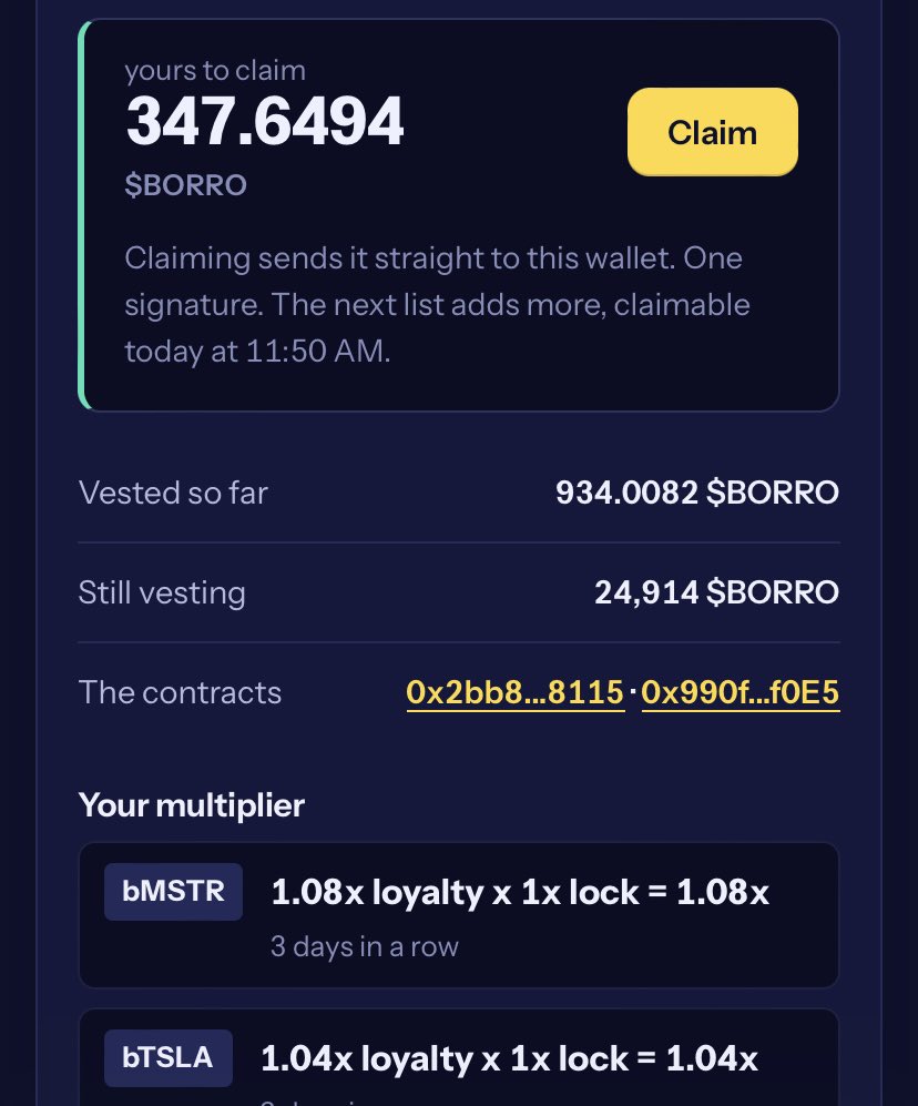 BU0831's tweet photo. Borro experiment — Day 3.

Keeping this one simple. Just the numbers.

Capital deployed: ~$83

TSLA: $43.61
MSTR: $24.68
USDG: $15.00

Today’s reward: ~8,257 $BORRO

$BORRO: ~$0.0008
Daily reward value: ~$6.60
Implied APR at today’s price: ~2,900%

Again — that APR is just a snapshot based on today’s BORRO price and daily allocation. Rewards vest over 30 days, and both emissions and price will move.

Meanwhile, volume across the Robinhood Chain ecosystem looks like it’s gradually waking up again.

What keeps me interested in @BorroMarkets isn’t just the APR. The dev has been transparent, the mechanics are visible, and there’s enough here to keep watching as the ecosystem develops.

No need to oversell it.
Just tracking the numbers and seeing where it goes.

DYOR.