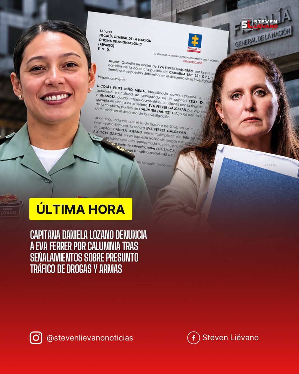 StevenLievano's tweet photo. La capitana Kelly Daniela Lozano Hernández, quien hizo parte del esquema de seguridad de Verónica Alcocer, presentó una denuncia ante la Fiscalía General de la Nación contra Eva Ferrer Galcerán por el presunto delito de calumnia.

La acción judicial se produjo después de que, en una entrevista concedida a la revista Semana el pasado 10 de octubre, Ferrer presuntamente señalara a Lozano como cómplice de Verónica Alcocer en un supuesto caso de tráfico de drogas y en una presunta red de tráfico de armas.

De acuerdo con el documento, Nicolás Felipe Niño Mejía, abogado de la oficial, sostiene que esas declaraciones le habrían atribuido falsamente a su representada la participación en delitos relacionados con estupefacientes y armas de fuego.

Tras los señalamientos de Eva Ferrer, la capitana Daniela Lozano acudió a la Fiscalía para que se investiguen las afirmaciones y se determinen las posibles responsabilidades penales.

El documento señala que la denuncia quedó registrada con el número 2026101303153 y solicita investigar la presunta comisión del delito de calumnia, contemplado en el artículo 221 del Código Penal colombiano.