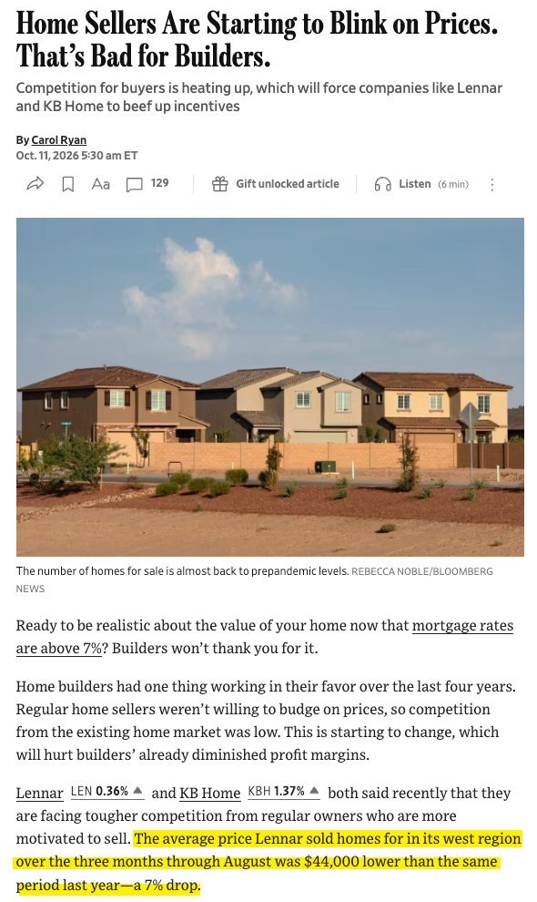 jonbrooks's tweet photo. Imagine buying a Lennar home for $500,000 in 2023 with 3.5% down.

You put up $17,500 and borrowed $482,500.
Now Lennar is selling the same home for $375,000—with incentives.

Your equity didn’t just vanish. You’re more than $100,000 underwater.

You’re not a homeowner. You’re a hostage.