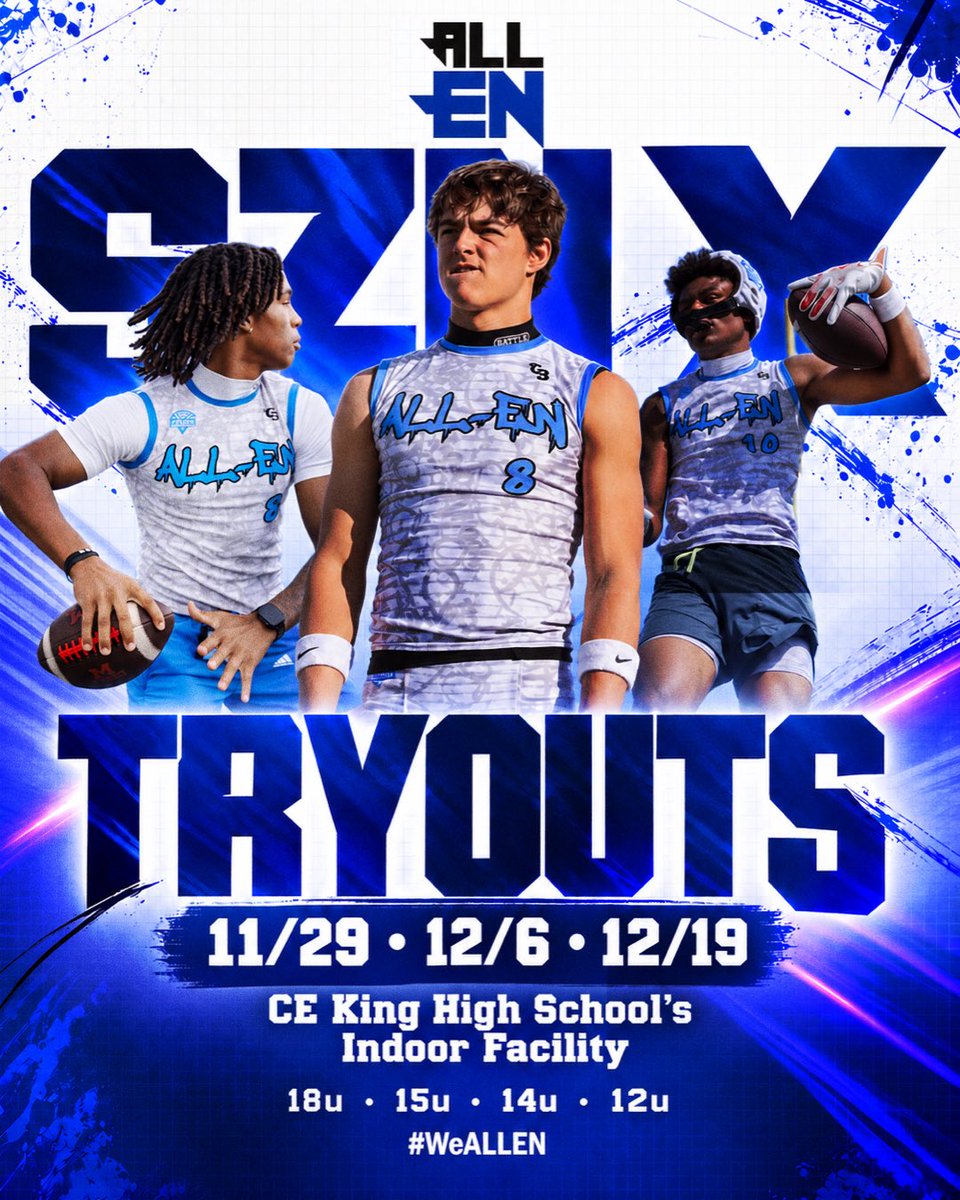 justinallen_13's tweet photo. MARK YOUR CALENDARS. THE NEW ERA IS COMING.

ALL-EN SZN ❌ IS ALMOST HERE.

11/29 • 12/6 • 12/19

🔗 Registration link DROPPING NEXT WEEK!

18U • 15U • 14U • 12U

WHO’S GOING TO BE THE X-FACTOR THIS SZN?

#WeALLEN #SZNX #HoustonFootball #TXHSFB #TheNewEra https://t.co/lF5hx0iUWO