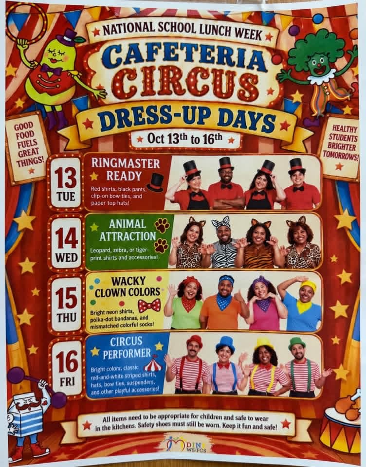 DiggsLatham's tweet photo. It’s #NationalSchoolLunchWeek! For the Cafeteria Dress Up Days, it’s quite the CIRCUS. Today, we were “Ringmaster Ready.” Tomorrow we will show “Animal Attraction.” #wsfcs https://t.co/izgkzBFBSi