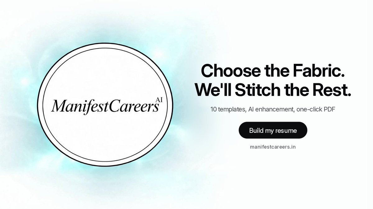 Manifestcareer's tweet photo. Choose the fabric. We'll stitch the rest.

Pick 1 of 10 resume templates, run AI enhancement for an ATS score and fixes, then export a polished PDF in one click. Free to start.

https://t.co/4KSC4AwTgN

#ManifestCareers #ResumeTips #ATSResume #JobSearchIndia https://t.co/N5JGHssP8j