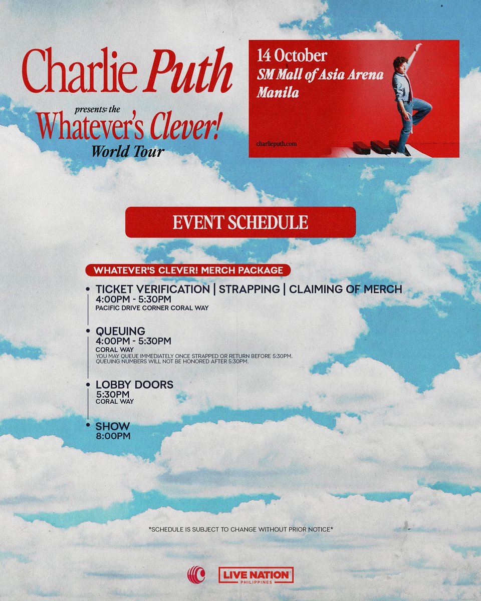 livenationph's tweet photo. Are you ready for Charlie Puth - Whatever's Clever! World Tour in Manila?✨

See you tonight! Show starts at 8PM.

#CharliePuthInManila https://t.co/tpqZjYisqD