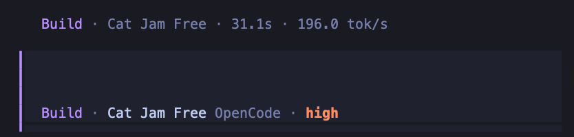 KuritoL's tweet photo. First impressions of @opencode newly released "Cat Jam" model 

I’ve only done some initial runtime testing so far, but one thing immediately blew me away:

Nearly 200 tokens/sec. 🤯

Honestly, I’m more impressed by its speed than its intelligence at this point.

Is this speed normal, or am I missing something? 👀

Would love to hear from others testing it!
