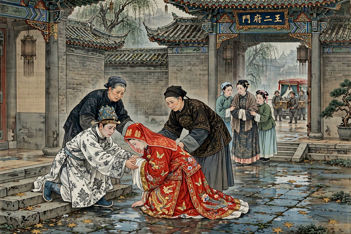 hqinjarsy's tweet photo. 有热心读者问怎么居然会选了用Gemini 4生成图片呢？其实你们可以看看其他几家有多烂。。。

按顺序为chatpgt，grok，muse，最后那个是即梦。和Gemini同样的prompt：

“请生成一张图，清代孙温绘《红楼梦》绢本工笔重彩画风格，传统界画建筑透视，俯视构图。 微雨初歇的清代国公府二门内庭院，湿润的青石板地面映着天光，檐角滴水。 画面中央，新嫁娘袭人身穿大红洋缎金银线绣百蝶穿花凤尾裙，头蒙大红刻丝喜字盖头，端端正正跪在青石板上叩别；两名穿暗色比甲的全福老嬷嬷立于两侧，欲扶未扶。 阶下朱漆廊柱旁，少年贾宝玉头戴束发嵌宝飞金碧玉冠，齐眉勒着盘金彩绣抹额，身穿月白倭缎双喜暗花袍子，足登石青缎剪绒万字纹厚底靴，神情悲切，俯身伸手去扶。 宝玉身后立着丫鬟麝月，低头垂手。侧后方几步外，王熙凤略带病容，扶着小丫头静立，目光投向麝月。 远处二门外角门半开，停着一顶半新不旧青绸轿帷、红轿顶的小轿，四个轿夫候着；旁边四个小厮抬着两抬箱笼，一个布衣男子在门外候轿。 线条纤细劲健，矿物彩敷色古雅沉着，大红、月白、石青、朱漆为主色，绢本肌理，适当留白，无现代元素，无文字。”