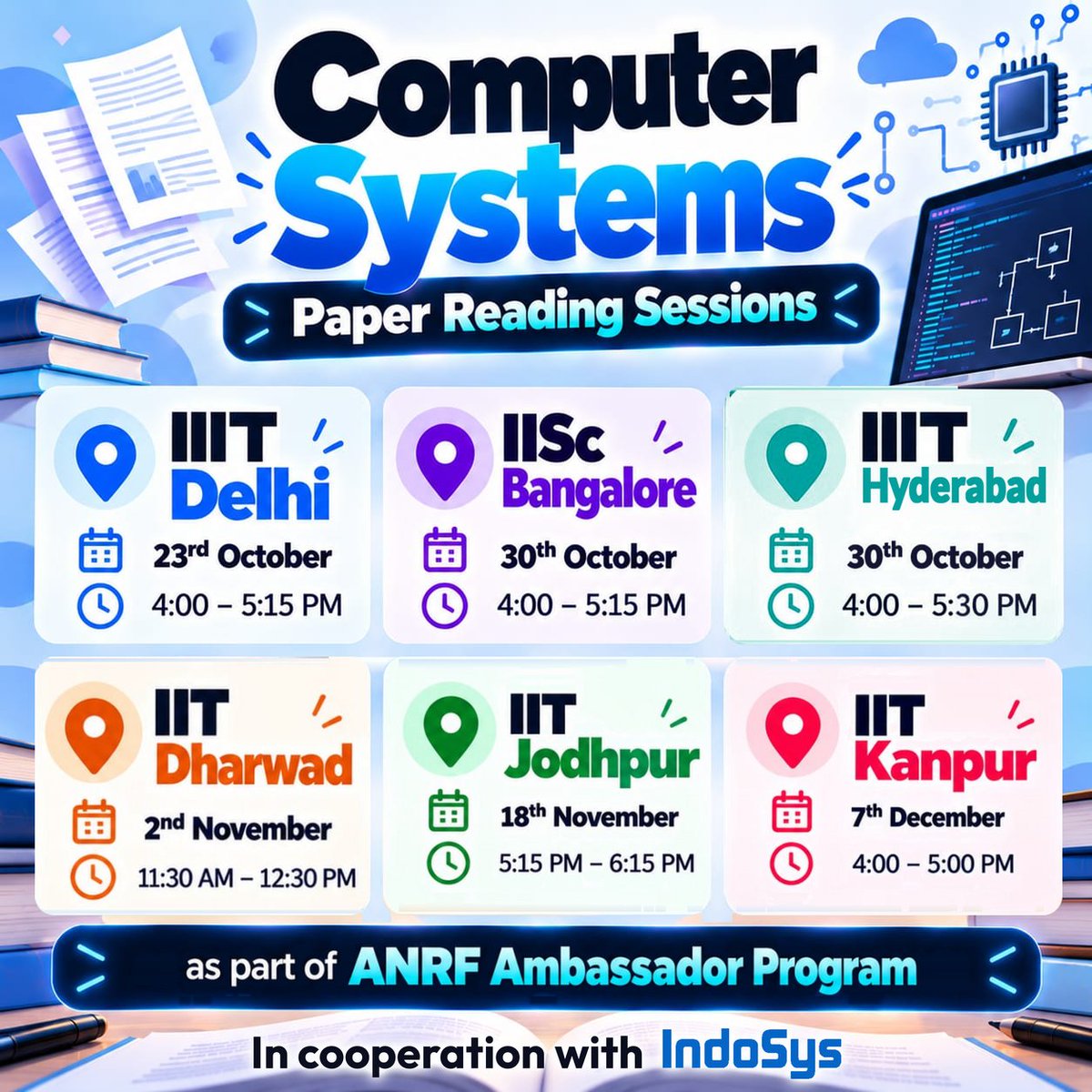 ponguru's tweet photo. 🚀 6 Professors. 6 Institutions. 6 Paper Reading Sessions. One Goal: Strengthening #ComputerSystems research in India. 🔥 #MultiplierEffect

Register 🔗 https://t.co/FgXgenS7ML 

/c @IIITDelhi @iiscbangalore @IITHyderabad @iitdhrwd @iitjodhpur @IITKanpur @ANRFIndia @shivkuma_k https://t.co/6AbTpiofsk