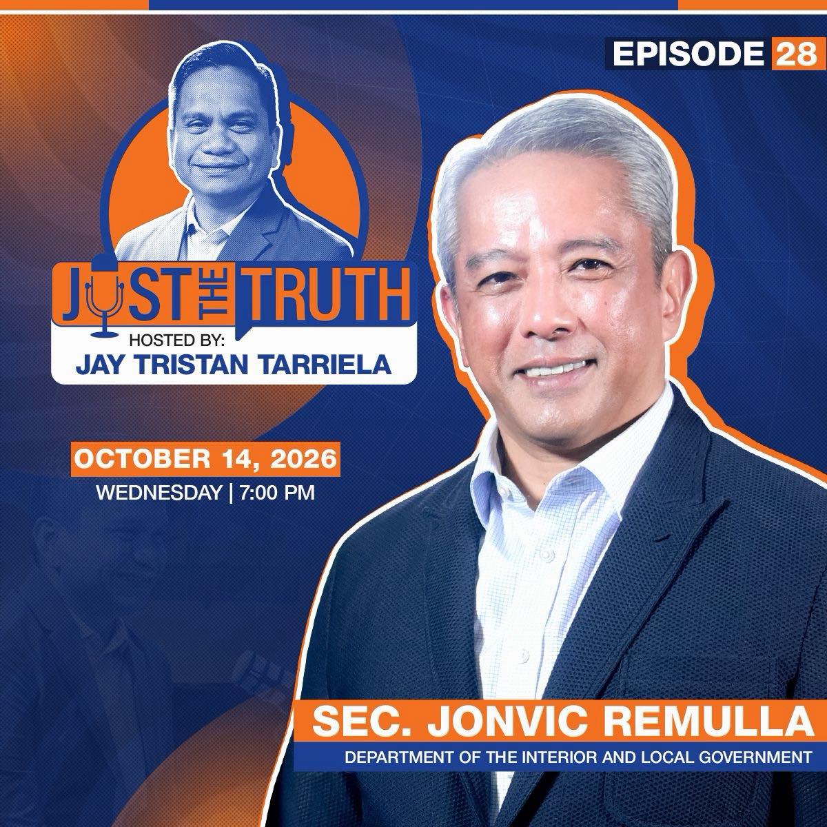PIADesk's tweet photo. Diretsahang talakayan sa teritoryo at mahahalagang isyu ng bansa.
Panoorin si @DILGPhilippines Sec. Jonvic Remulla sa #JustTheTruth podcast with @jaytaryela ngayong October 14, 2026, 7PM sa PIA Facebook at @wpstransparency YouTube.
#WestPhilippineSea #PIA #PCG #BagongPilipinas https://t.co/w7CxsYFhL3