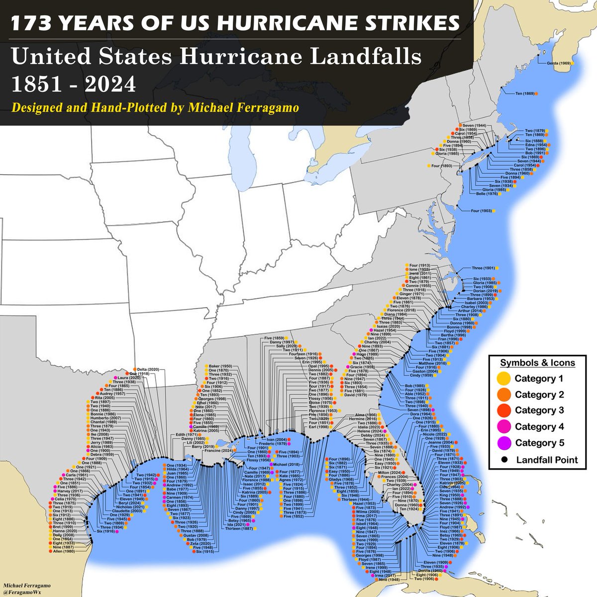 JoshuaBarzon's tweet photo. Every hurricane that hit the United States over 173 years. Virginia, Maryland and Delaware seem to have a magical hurricane force field. https://t.co/aMi8fIUVBS