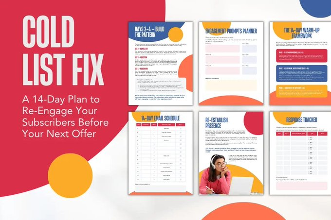 ConnieGreen's tweet photo. New! "Bring a cold list back in 14 days." PLR. Re-engage a cold email list with a day-by-day plan and workbook that is easy follow from the first email to the launch. Re-intro template and prompts and ready to use worksheets to track who's responding. https://t.co/yLflEA83u5 https://t.co/h6MyeJgJ6j