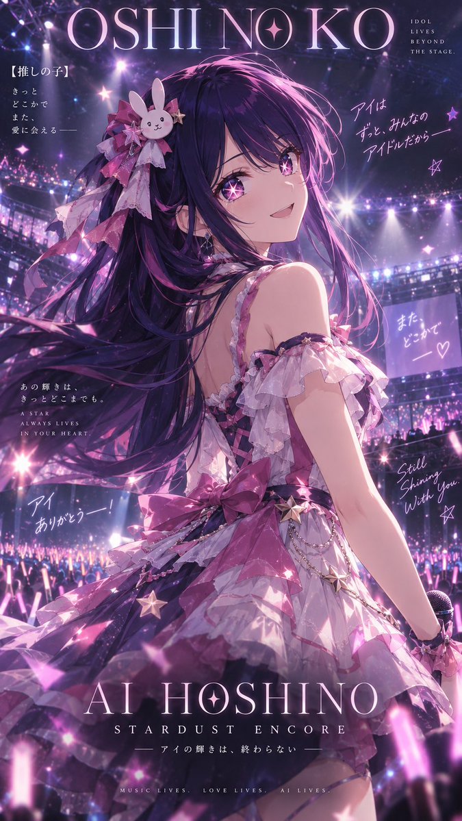 sataandagi_ai's tweet photo. 🌟《【推しの子】》

星野アイ / Ai Hoshino 💜✨

「ステージの光が消えても、アイの輝きは終わらない。」

“Even when the stage lights fade, Ai’s brilliance lives on.”

A moment from the encore, illuminated by neon pink and violet. ✨

※非公式AIファンアート／アレンジ衣装
※Unofficial AI-generated fan art / Fan-made costume design.

#推しの子 #星野アイ