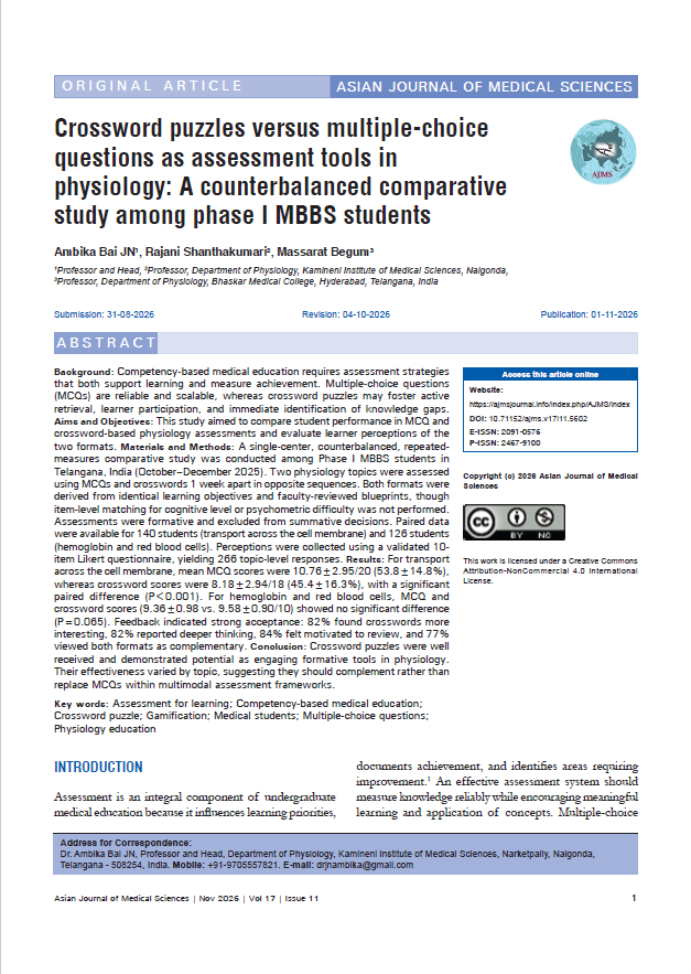 arun732003's tweet photo. #AJMS #Openaccess #DOAJ #CABAbstracts #EBSCO #NLMCatalogue #EMBASE #Elsevier #CrosswordVsMCQ #PhysiologyAssessment #MedicalEducation #FormativeAssessment #ActiveLearning #StudentEngagement #ComparativeStudy #PhaseIMBBS #LearningOutcomes #InnovativeTeaching #AssessmentTools https://t.co/w28hagFFU0