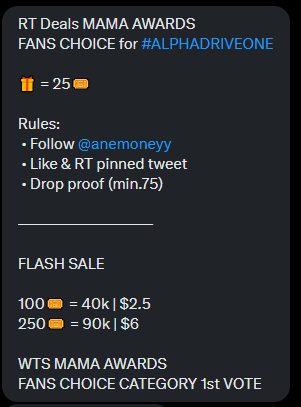 sangwonhours's tweet photo. RT Deals MAMA AWARDS
FANS CHOICE for #ALPHADRIVEONE

🎁 = 25🎟️ 

Rules:
 • Follow @anemoneyy 
 • Like &amp; RT pinned tweet 
 • Drop proof (min.75)

—————————

FLASH SALE

100🎟️ = 40k | $2.5
250🎟️ = 90k | $6

WTS MAMA AWARDS 
FANS CHOICE CATEGORY 1st VOTE https://t.co/M6TpblNsq7
