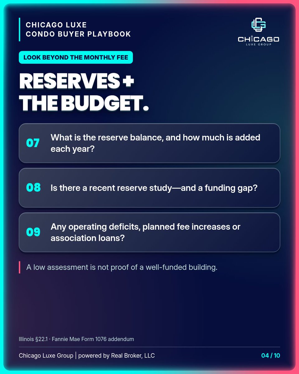 ChicagoLuxeGRP's tweet photo. Buying a condo? Ask about overdue assessments, foreclosures, reserves and major repairs. Save our 24-question checklist. Chicago + North Shore: call/text Mike, 872-246-7666. #ChicagoRealEstate https://t.co/B9KNvjBCsI