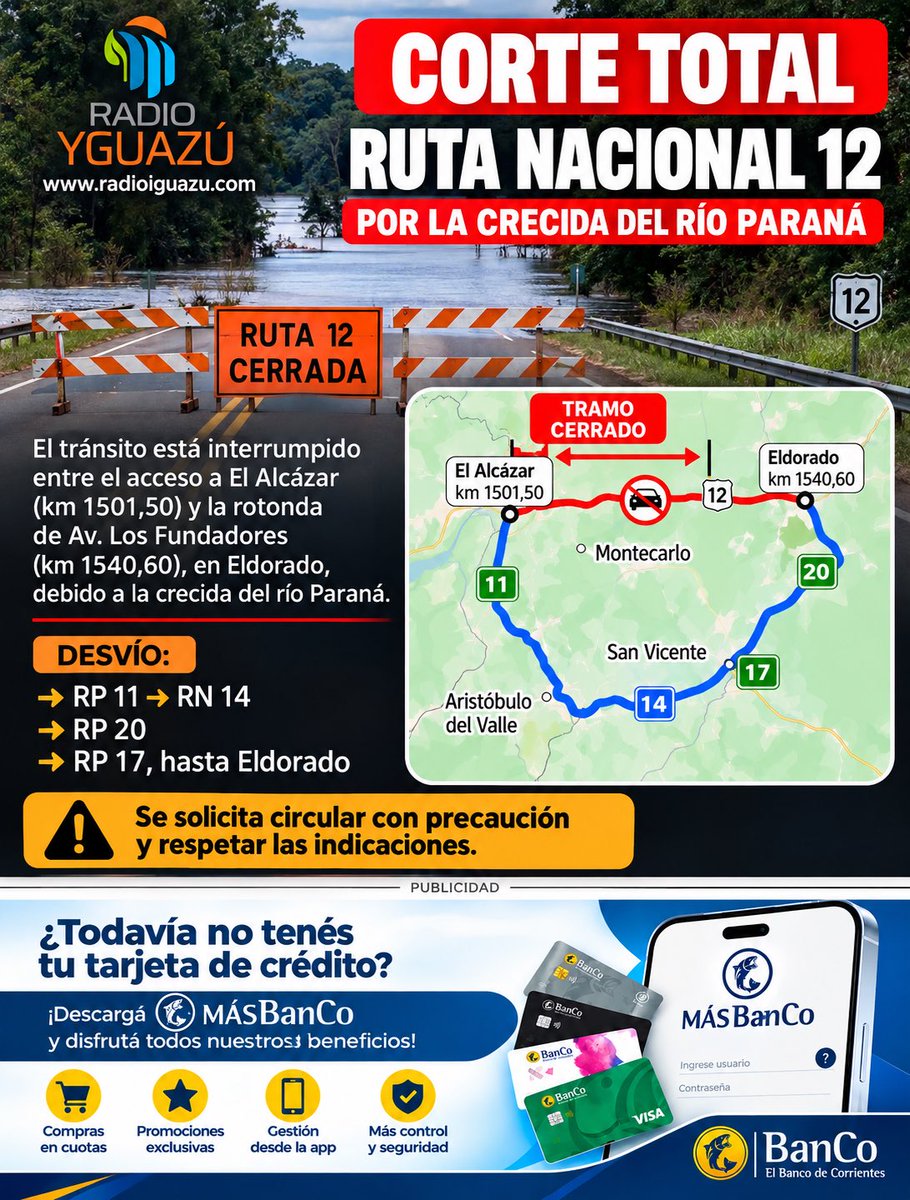 marioantonowicz's tweet photo. URGENTE: CORTE TOTAL DE LA RUTA 12. Por la crecida del río Paraná, Camino Selva informó la interrupción del tránsito entre El Alcázar y Eldorado. Desvío obligatorio por RP 11, RN 14, RP 20 y RP 17. Se recomienda circular con precaución. https://t.co/yVnFgzTRov