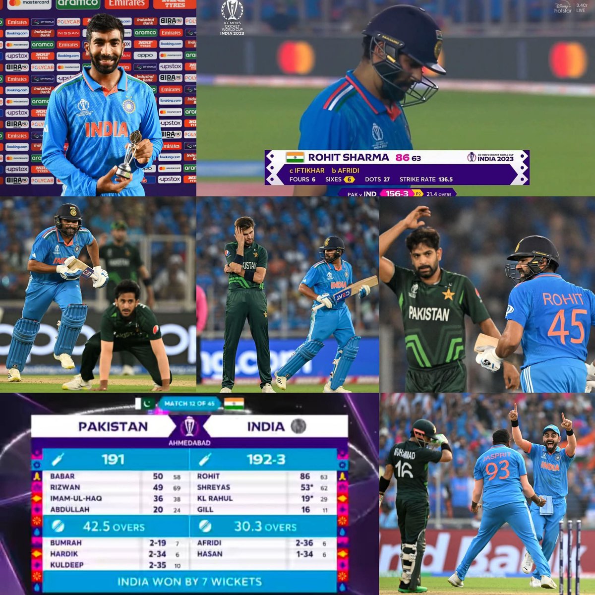 Shebas_10dulkar's tweet photo. #OnThisDay in 2023

India Defeated Pakistan in Worldcup for 8th Consecutive time 💥

𝗝𝗮𝘀𝗽𝗿𝗶𝘁 𝗕𝘂𝗺𝗿𝗮𝗵 Won P.O.M Award (7-1-19-2)
𝗥𝗼𝗵𝗶𝘁 𝗦𝗵𝗮𝗿𝗺𝗮 Scored 86 runs (63b, 6 4s, 6 6s)

Rohit During this Knock
- 1st Indian to Hit 300 6s in ODI
- Least Innings taken to Hit 300 6s in ODI
- Completed 50 50+ Scores in ODI Chases 
- Most 6s by Indian Captain vs Pakistan 
- Highest score by Indian captain v Pak in WC
- 1st Indian Captain to Hit 60 6s in a Year
- Most 50+ in Succesful Runchases in WC