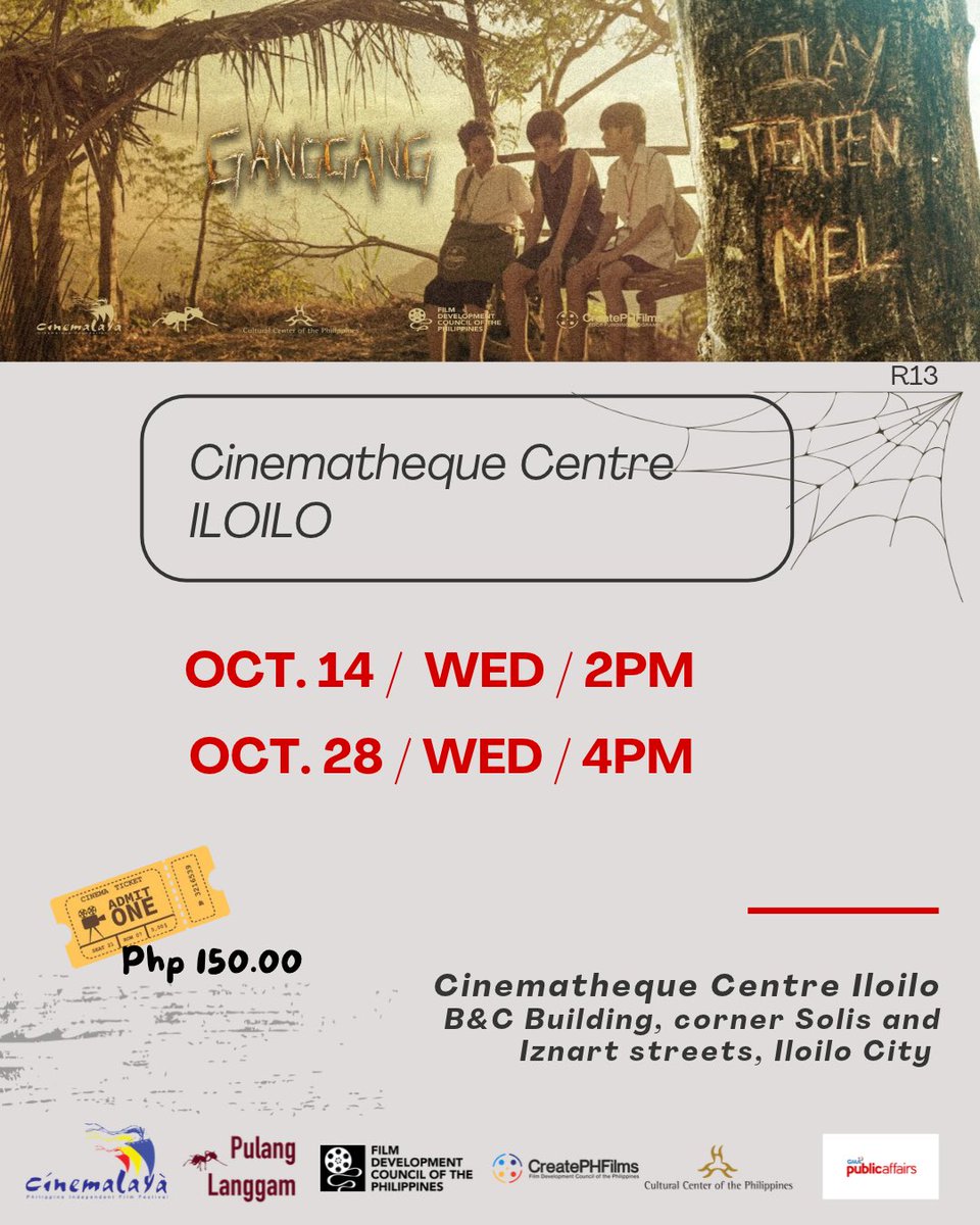 MonaNieva's tweet photo. Ganggang will screen at the FDCP Cinematheque Centres in Iloilo, Davao, Manila, and Negros.
Php 150 lang ang ticket!!!
Tara!
#Cinemalaya
#Ganggang
#jlburgosfilm
#PHCinema https://t.co/YyeB5Uww3b