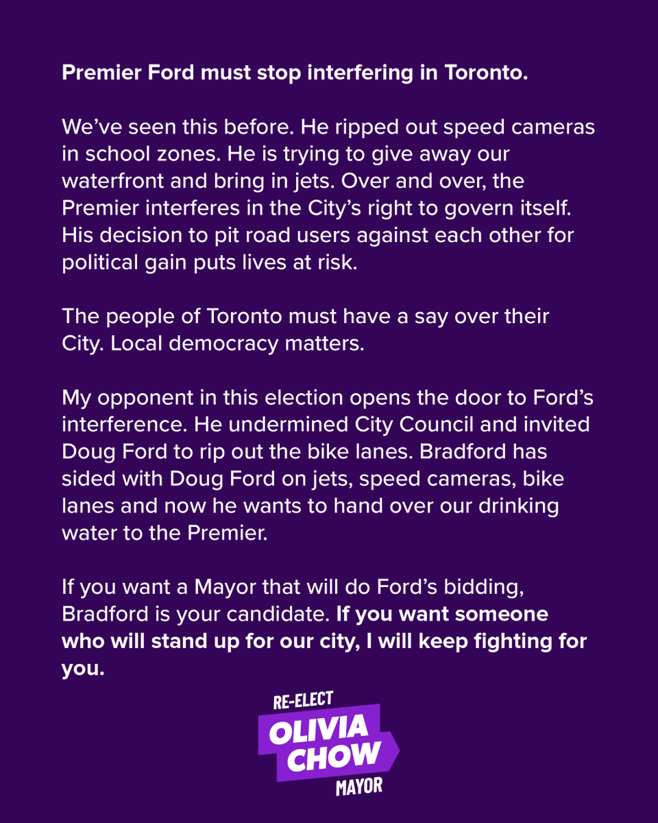 oliviachow's tweet photo. Ford must stop interfering with our city

Make no mistake: Toronto will stand up for itself. https://t.co/xvpYEO7nM7