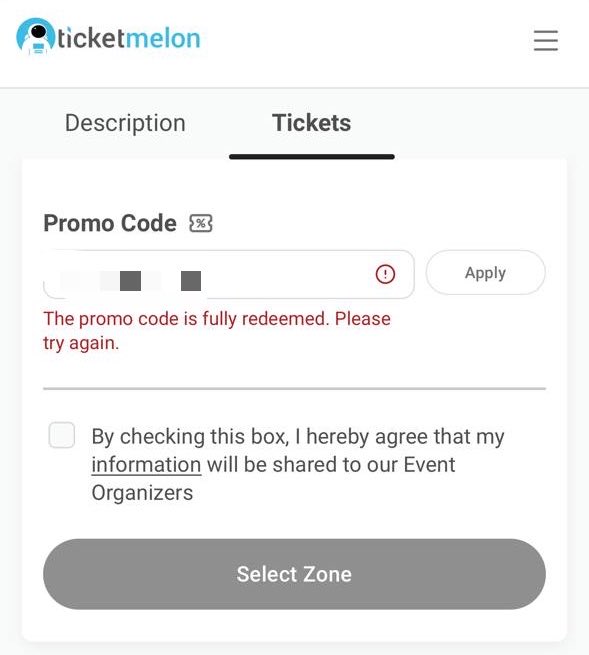 forGAM3B01SVT's tweet photo. how come that my promo code is fully redeemed when i havent purchased a single ticket yet? i didn’t give my code to anyone as me and my friends got our own codes +++ what is error_PA0015 when selecting an AVAILABLE section? @Ticketmelon @WilbrosLive https://t.co/9351qK9CvR