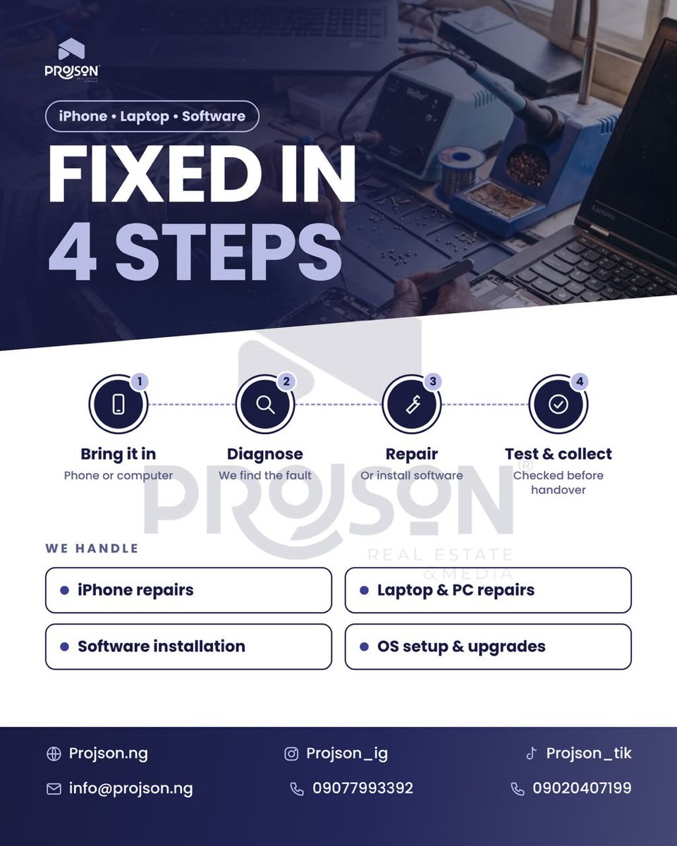 projson_tw's tweet photo. Broken screen? Slow laptop? Sorted in 4 steps.
Bring it in. We find the fault. We repair or install. You collect it tested. Simple.
Send us a DM now.
#projson #projsontech #iphonerepair #laptoprepair #osupgrade #pcrepair #gadgetrepair #lagostech https://t.co/Crjau1lvdh