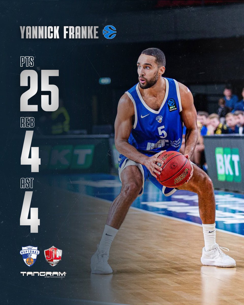 TangramSports's tweet photo. 𝗬𝗔𝗡𝗡𝗜𝗖𝗞 𝗙𝗥𝗔𝗡𝗞𝗘 put on a show delivering a 25-point performance for @bc_neptunas to secure a @EuroCup win over @JLBourgBasket

🔘 25 points 
🔘 5/7 3PTs
🔘 4 rebounds 
🔘 4 assists 

#TangramSports
#FollowYourDreamsWithUs https://t.co/5DCvwH2Zm5