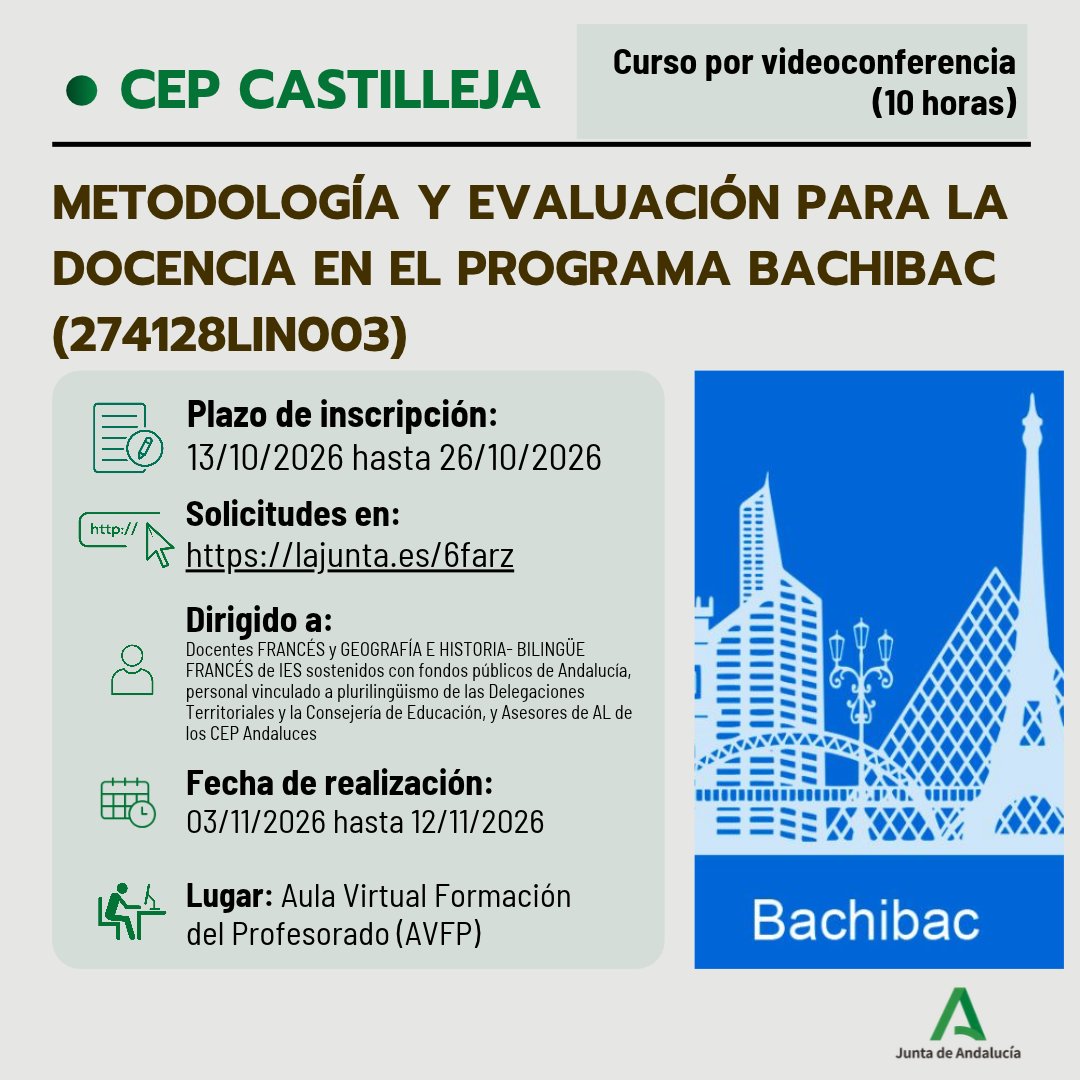 cepcastilleja's tweet photo. 📢 Curso presencial por videoconferencia (ámbito regional) ➡️ "METODOLOGÍA Y EVALUACIÓN PARA LA DOCENCIA EN EL PROGRAMA BACHIBAC"

📍 Lugar: Por videoconferencias a través de AVFP

📝Inscripción: 13 hasta 26/10/2026
🗓Solicitudes en 👇
https://t.co/YW8xcBlwen ✅

📞CEP Castilleja https://t.co/GdeL0dCt35