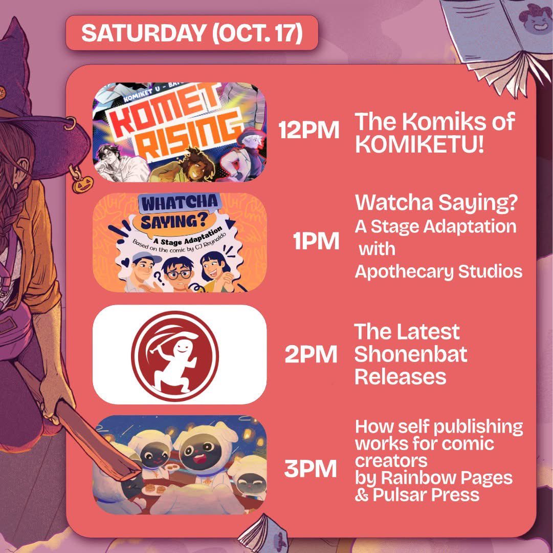KomiketPH's tweet photo. So gear up your broomstick &amp; get ready to ride at dawn! 🧹

🗓️ October 17-18, 11AM-8PM
📍SM Megamall Megatrade Hall 2
🎫 Tickets 100php
🎟️ Reserve yours online for faster entry! 
https://t.co/TMzY7hPka3

#supportlocalcreators 
#komiket2026
#designweek
#samaall https://t.co/eJmX2yvRkt