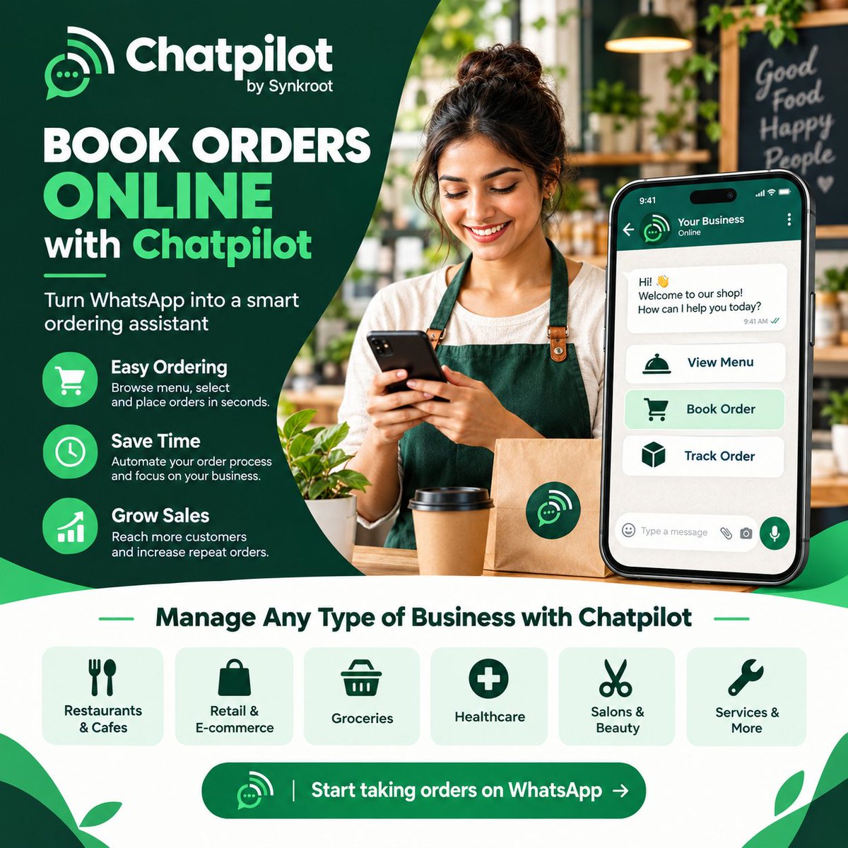 synkroothq's tweet photo. 🚀 Book Orders Online with Chatpilot by Synkroot! 💬

Turn your WhatsApp into a smart business assistant and make ordering easier than ever! 🛍️

With Chatpilot, you can manage and grow almost any type of business — all through smarter conversations. 💚

#Chatpilot #Synkroot https://t.co/azbsW9fM6z