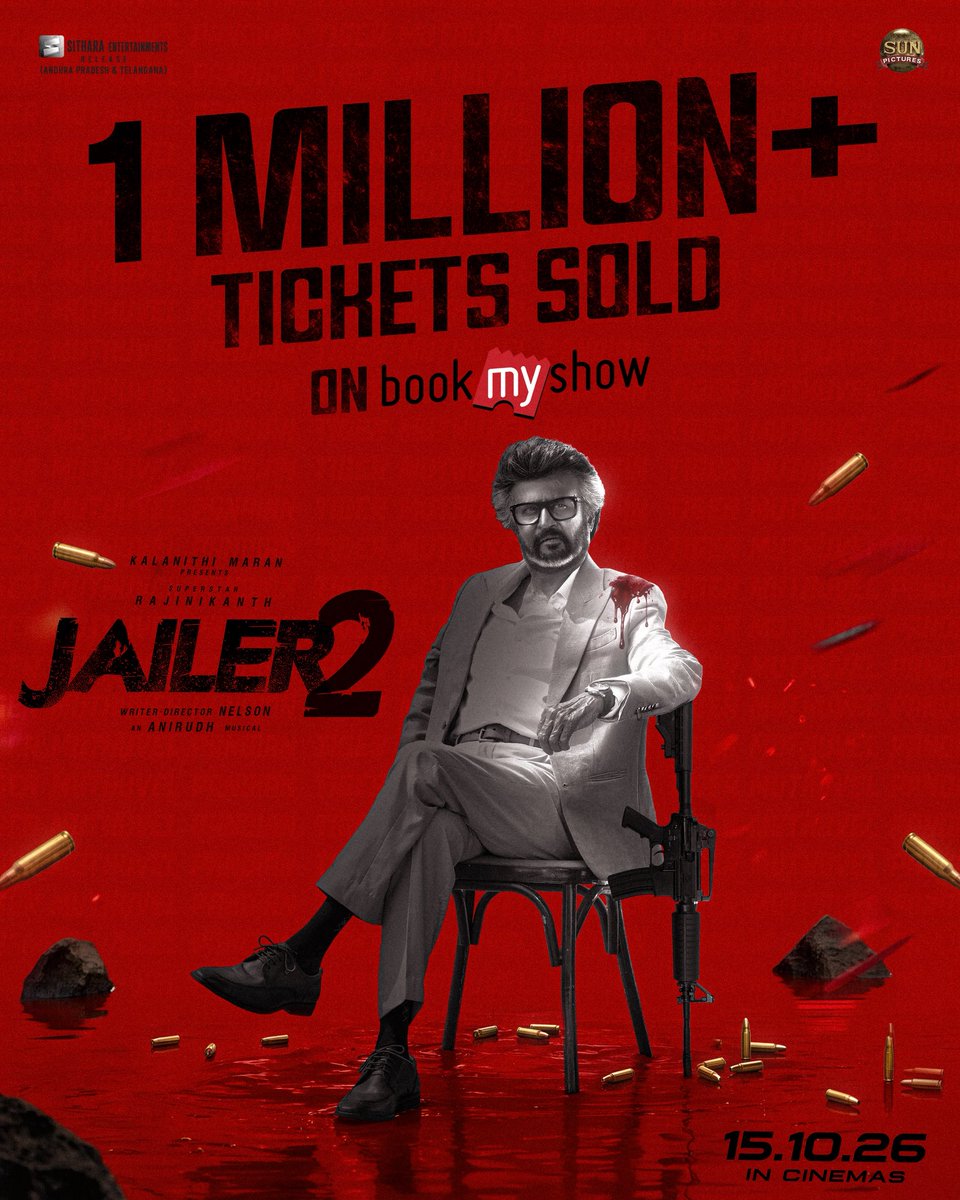 SitharaEnts's tweet photo. A MILLION+ TICKETS SOLD on @bookmyshow … and the #Jailer2 MADNESS is only getting started! 🔥💥

Brace yourselves for THALAIVAR MANIA like never before in theatres from TOMORROW! 🐯😎

Book your tickets now! 
🎟️ https://t.co/GNMIIiJNbc 
🎟️ https://t.co/7jbbNqPkn1 

@rajinikanth @Nelsondilpkumar @anirudhofficial @vidya_balan @iam_SJSuryah #MithunChakraborty #SurajVenjaramoodu @meramyakrishnan @iYogiBabu @mirnaaofficial @vijaykartikdop @Nirmalcuts @ChethanDsouza @AlwaysJani @KiranDrk @sunilreddy22 #PallaviSingh @valentino_suren @Alagiakoothan @vamsi84 #SantoshRaju @kabilanchelliah @kuchirayar73 @RIAZtheboss @sunpictures @SitharaEnts #Jailer2FromOct15