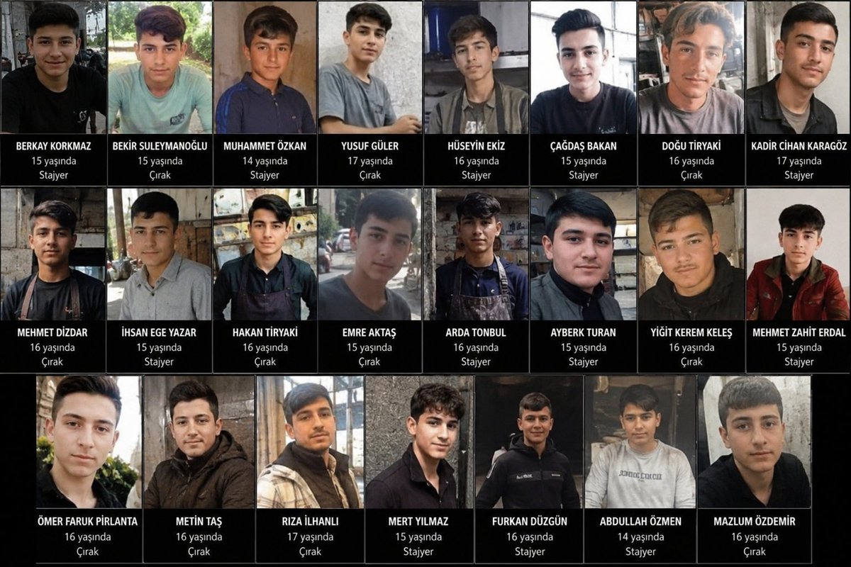CssmTurkiye's tweet photo. Bu fotoğraf kareleri, sadece kaybettiğimiz evlatlarımızın değil; kanunlardaki büyük bir çelişkinin ve sistemin görmezden geldiği eşitsizliğin de resmidir.
@Akparti
@isikhanvedat 
@RTErdogan 
@iletisim 
@csgbakanligi 
@TurkiyeIsKurumu 
@tcmeb 
@tcmeb_mtegm 
@tcbestepe 
@MSCANBAL
@CirakStajFED
@ANKSTAJCIRAK
@stajcirak3434
3308 sayılı Mesleki Eğitim Kanunu kapsamında "çırak" veya "stajyer" olarak nitelendirilen bu gençler, meslek öğrenme adı altında atölyelere giriyor. Ancak gerçek şu ki; onlar o atölyelerde fiilen birer işçi gibi çalışıyor, ağır koşullar altında ter döküyor, makinelerin başında hayatlarını riske atıyorlar.

Ne yazık ki 4857 sayılı İş Kanunu’nun 4. maddesi, onları "işçi" statüsünden muaf tutuyor. İşveren, tıpkı bir yetişkin işçiden beklediği gibi bu çocuklardan tam verim alıyor; her türlü iş yükünü ve sorumluluğu onlara yüklüyor. Ancak yasa önünde "öğrenci" sayıldıkları için iş sağlığı ve güvenliği tedbirlerinden, iş kazası haklarından ve tazminat hukukundan yalnız kalıyorlar.

İşin en acı tarafı ise şu: Bu gençler, resmi tatillerde, bayramlarda, hafta sonlarında dahi "patronun inisiyatifine" bırakılarak çalışmaya zorlanıyor. Bir yandan "öğrenci" oldukları için koruma kalkanının dışında kalıyorlar, diğer yandan "işçi" gibi çalıştırıldıkları için en temel dinlenme ve tatil haklarından mahrum bırakılıyorlar. Bu, kabul edilemez bir haksızlıktır.

Bu görseldeki her bir evlat, sistemin bu açığını bizlere hatırlatıyor. Onların ölümü, sadece bir iş kazası değil; aynı zamanda yasal bir ihmalin ve eşitsizliğin sonucudur.

Yetkililere ve topluma çağrımızdır:
3308 ve 4857 sayılı kanunlardaki bu ikilem ortadan kaldırılmalı; çıraklar ve stajyerler, fiili çalışma koşullarına göre "işçi" haklarına tam olarak kavuşturulmalıdır. İSG kuralları çıraklar için de tavizsiz uygulanmalı; resmi tatillerde ve hafta sonlarında zorla çalıştırılmalarının önüne geçilmelidir. İş kazası sonucu hayatını kaybeden çırakların ailelerinin hak kaybı yaşaması engellenmeli, yasal düzenlemeler acilen yapılmalıdır.

Onlar bizim çocuklarımızdı. Bir daha hiçbir gencin hayatı, "işçi sayılmadığı" için heba olmasın. Bu acıyı unutmayacağız ve bu haksızlığa sessiz kalmayacağız.
Sayın Cumhurbaşkanım
#StajyerçıraklarSgksızÖlüyor