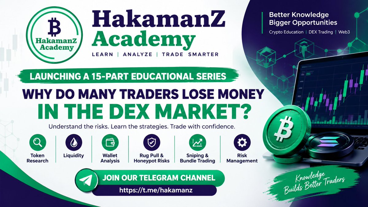HumaidaDex's tweet photo. WHY DO MANY TRADERS LOSE MONEY IN THE DEX MARKET?

I'm starting a 15 part educational series covering:

• Token Research & Rug Pulls
• Liquidity & Wallet Analysis
• Sniping & Bundle Trading
• Honeypot & Smart Contract Risks
• Risk Management

Want to learn with us?

Follow our Telegram channel for the lessons:

https://t.co/mGluWJzk8x