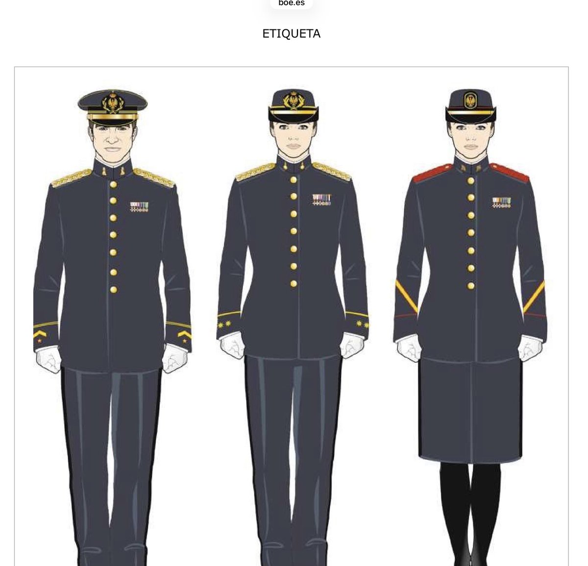 Cocodrilodos's tweet photo. Pues ni de etiqueta ni de la Armada. Hay que estar bastante mal de la vista para ver que, en primer lugar, el uniforme es el del Ejército de Tierra, y en segundo lugar, aunque esto no tendría por qué saberlo pero sí informarse para escribirlo, es el de Gala, no el de Etiqueta.

Y para ver las diferencias entre Gala y Etiqueta un par de fotos…, y como diferencia principal para entenderemos, además de las condecoraciones que en Gala son pasadores normales y en Etiqueta pasadores miniaturas, en Gala las hombreras llevan las estrellas que marcan su empleo y en Etiqueta son doradas, y la diferencia principal como decía, la guerrera, que en Gala se cierra la abotonadura hasta la altura del pecho y en Etiqueta es abotonadura hasta el cuello. Y sabemos que fue Gala porque sobre la corbata negra lucía el Toisón de Oro que se le cayó.

No era tan difícil, ¿no?