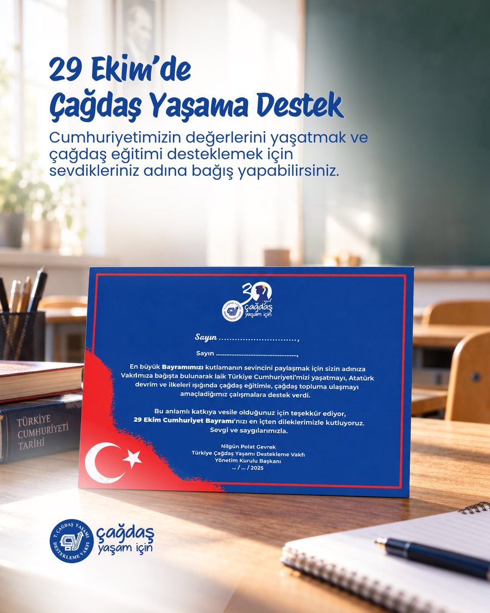 cagdasyasamvf's tweet photo. Cumhuriyetimizin aydınlattığı yolda, çağdaş eğitimle daha güçlü yarınlara!

29 Ekim Cumhuriyet Bayramı’nda sevdikleriniz adına yapacağınız Özel Gün Bağışı ile yürüttüğümüz eğitim çalışmalarına destek olabilirsiniz.

🔗 https://t.co/xp3g0ZTuNl https://t.co/DPnSK79NFO