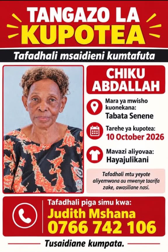 HildaNewton21's tweet photo. ‼️AMEPOTEA‼️

#Pichani anaitwa Chiku Abdallah amepotea tangu October 10, 2026. yeyote mwenye taarifa za kufanikisha kumpata awasaliane na familia kupitia hii hapo kwenye bango. https://t.co/gCDeOPxrVT