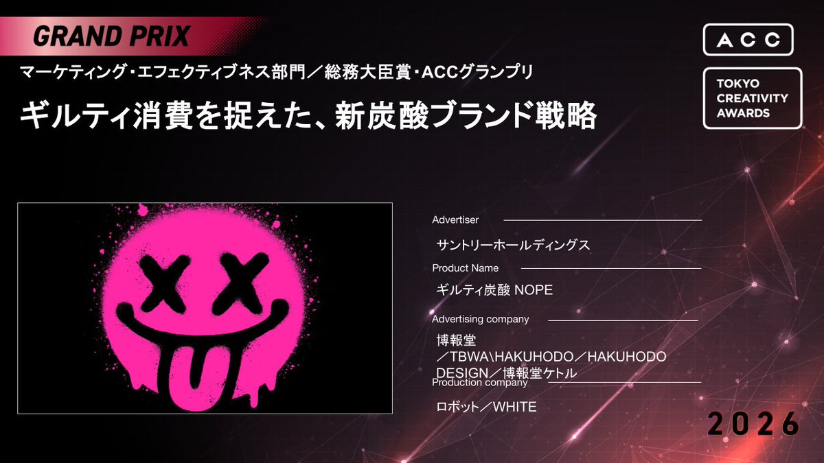 ACC_PR's tweet photo. 【2026 66th ACC TOKYO CREATIVITY AWARDS】
マーケティング・エフェクティブネス部門
ご入賞おめでとうございます‼

🏆総務大臣賞／ACCグランプリ🏆
・キャンペーン名：ギルティ消費を捉えた、新炭酸ブランド戦略
・商品名：ギルティ炭酸 NOPE
・広告主：サントリーホールディングス
・広告会社：博報堂／TBWA\HAKUHODO／HAKUHODO DESIGN／博報堂ケトル
・制作会社：ロボット／WHITE

▼作品の詳細はコチラからご覧いただけます。
https://t.co/Xk0mfBrnz6

@suntory @HakuhodoKoho @robot_inc @Kettle_kitchen_ @NOPE_jp
#ACC #ACC賞 #ACCTOKYOCREATIVITYAWARDS