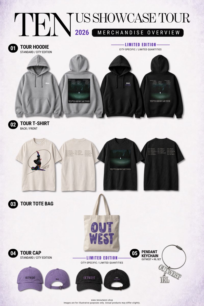 TEN_offcl's tweet photo. First look: TEN US Showcase Tour merch.

City-exclusive hoodies and caps at every show. 

Full collection online from October 17 at https://t.co/yHZYJmxPX9

Limited quantities, ships worldwide.

#TEN #OUTWEST #TEN_USSHOWCASETOUR https://t.co/2QhCGdQFxt