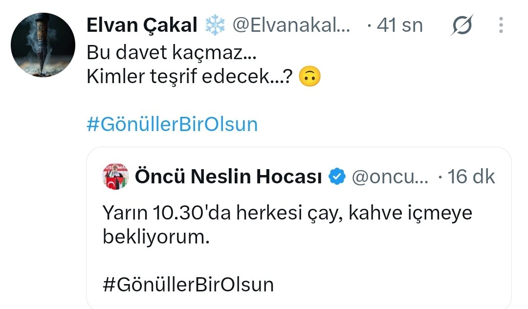 Elvanakalgzx6's tweet photo. @oncuneslinhcs Davete icabet ettik. ☺️
İçtiğimiz her yudum bizlere afiyet zalimlere dert olsun 😎

Bir de 
#GönüllerBirOlsun https://t.co/2irPJjumjC