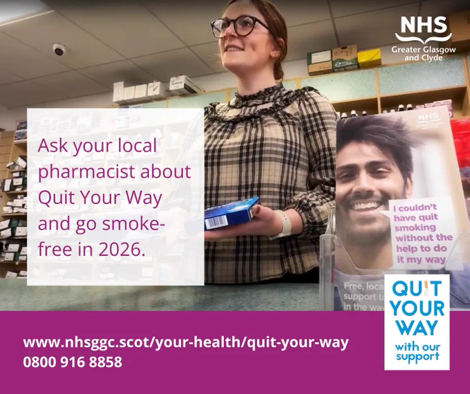 Pharmacist holding a product behind a counter promoting NHS Quit Your Way smoking cessation support for 2026.