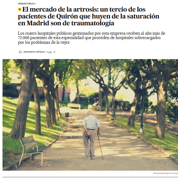 FernandoPeinado's tweet photo. En Madrid existe un peculiar mercado de pacientes con artrosis. Salen de La Paz, Ramón y Cajal y los grandes hospitales públicos y entran en la Jiménez Díaz de Quirón

La traumatología es la especialidad reina del negocio de libre elección de Quirón. 1/3 de sus ingresos https://t.co/1jfU4WNYWz