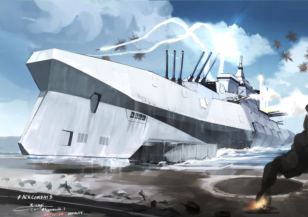 Konwashi_2's tweet photo. 多分こんな感じであろうソトア陸上戦艦の上陸シーン
(発売前に描いたやつの加筆修正版)
#ACECOMBAT8 https://t.co/mx4FQY1dAD